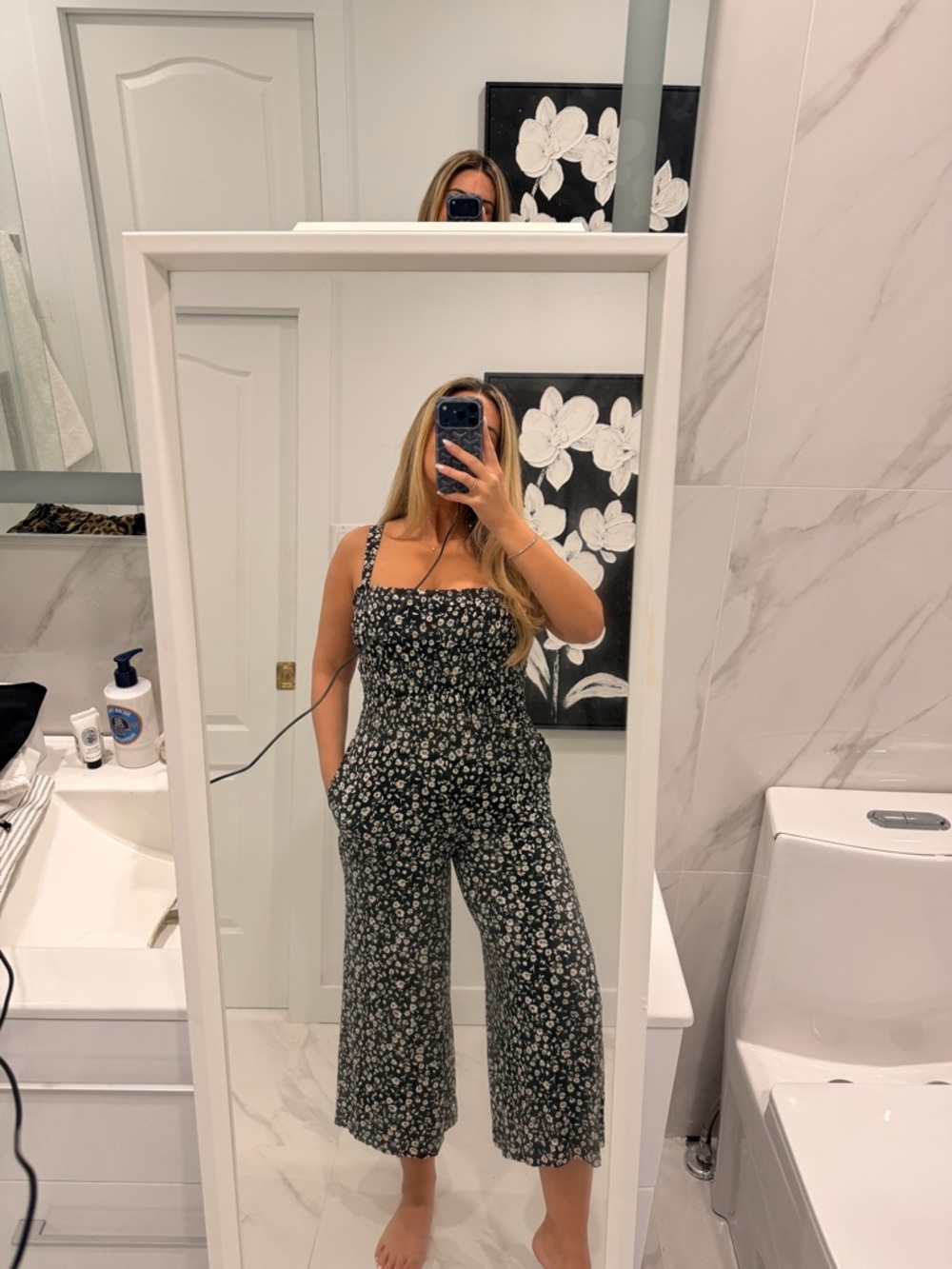 Banana Republic Black Floral Square-Neck Jumpsuit